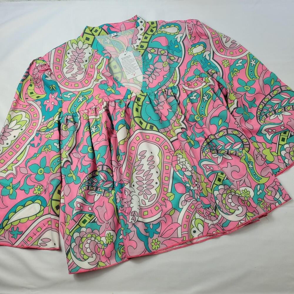 NWT Groovy Pink Green Multicolor Paisley Boho Top Festival Bell Sleeve size XL - Picture 2 of 10